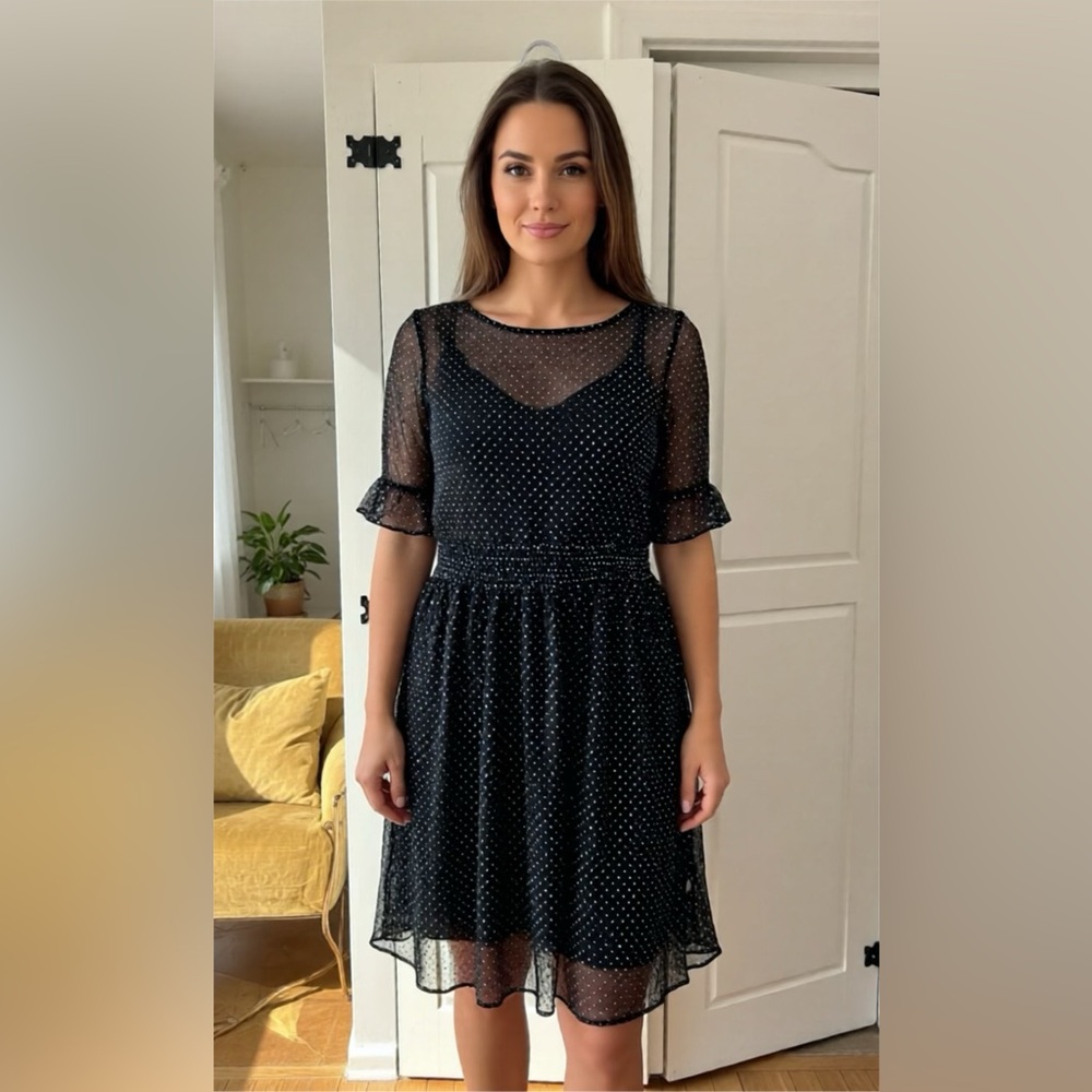 RW&CO. Black and White Puff Sleeve Midi Dress with Sparkle Dot Design